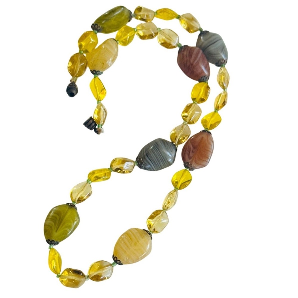 VTG‎ Art Deco Czech Glass necklace Flapper beaded swirl yellow beads Collar 19"